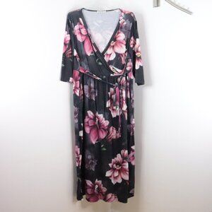 Nemidor Women's Plus 26 Floral Faux Wrap Maxi Long Sleeve Polyester V-Neck Dress